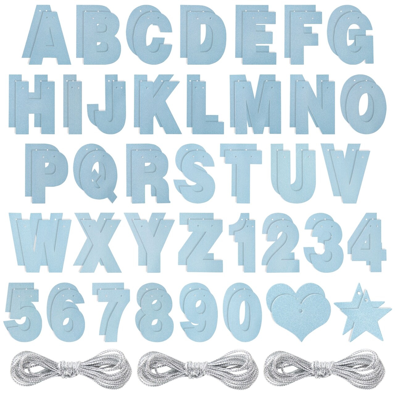 Juvale Custom Banner Kit - Blue Glitter Cardboard Letters, 5 x 4 In, 126 Pieces (A-Z, 0-9, Hearts & Stars), 3 Silver Ropes - Personalized Letters for Wall Decor, DIY Party & Welcome Banner